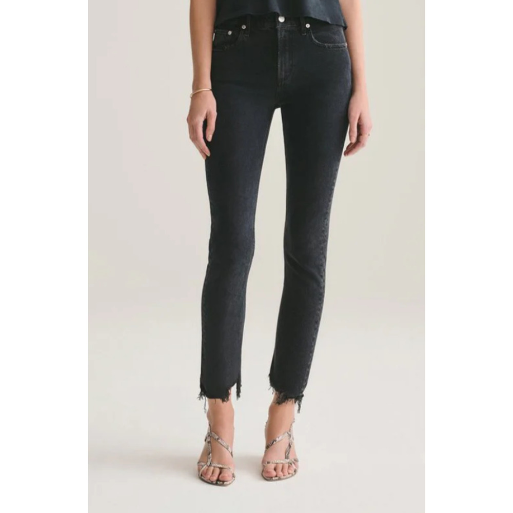AGOLDE Toni Jeans Women's 27 Black Stretch Distressed Frayed Straight Mid Rise